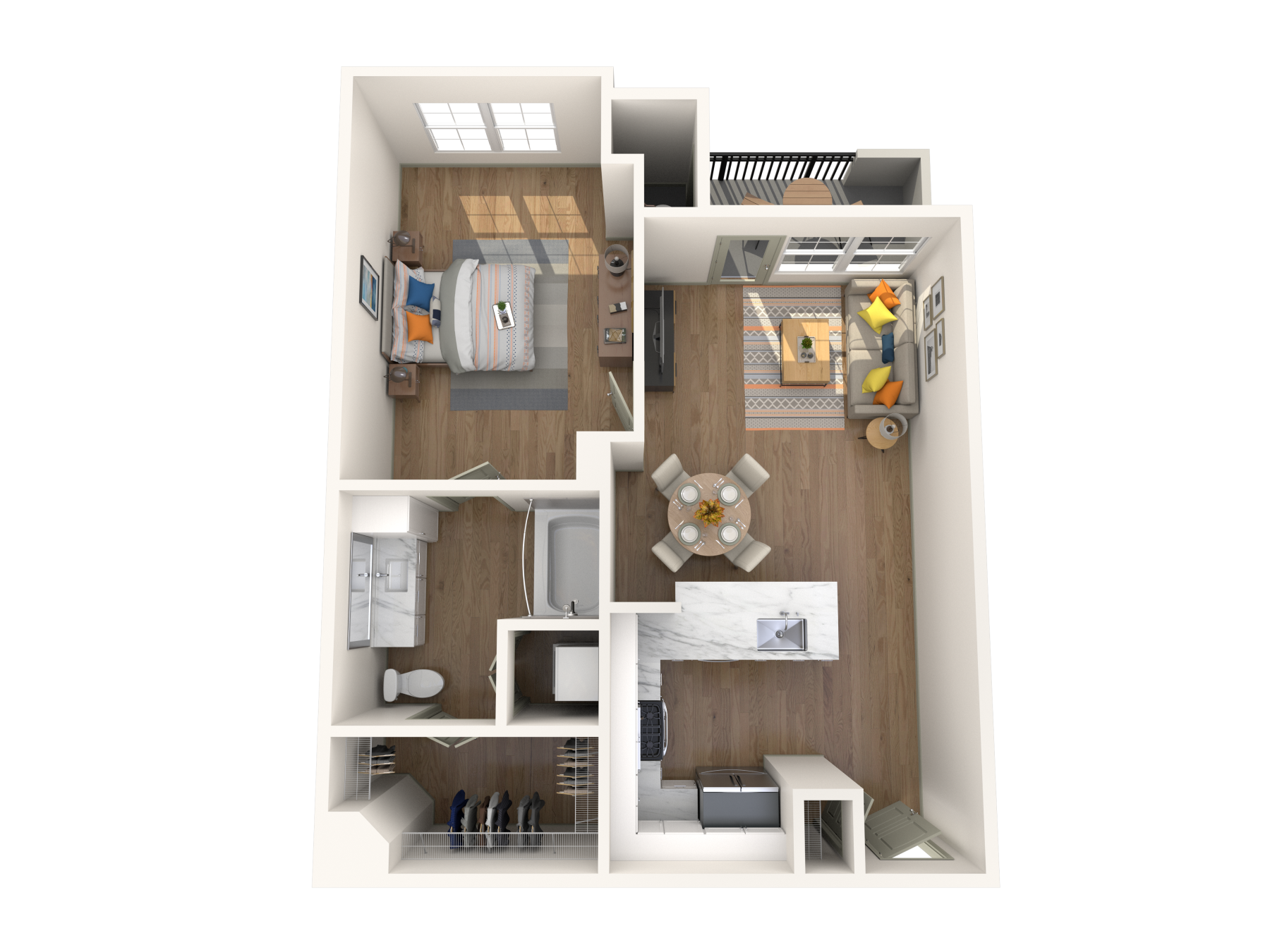 Floor plan for 1 bed, 1 bath, 733 sqft